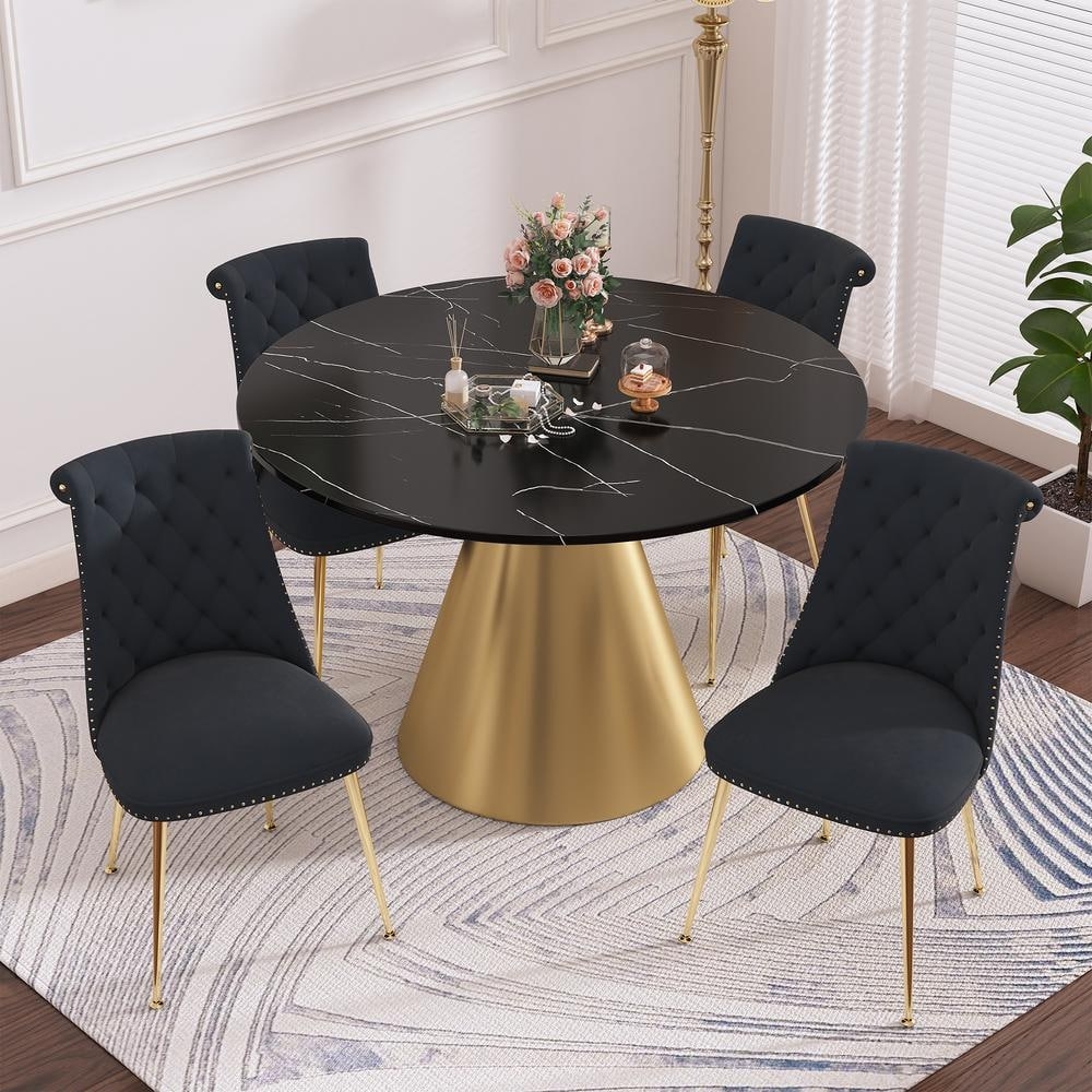 Dining Set with Tufted Upholstery and Round Marbled Surface