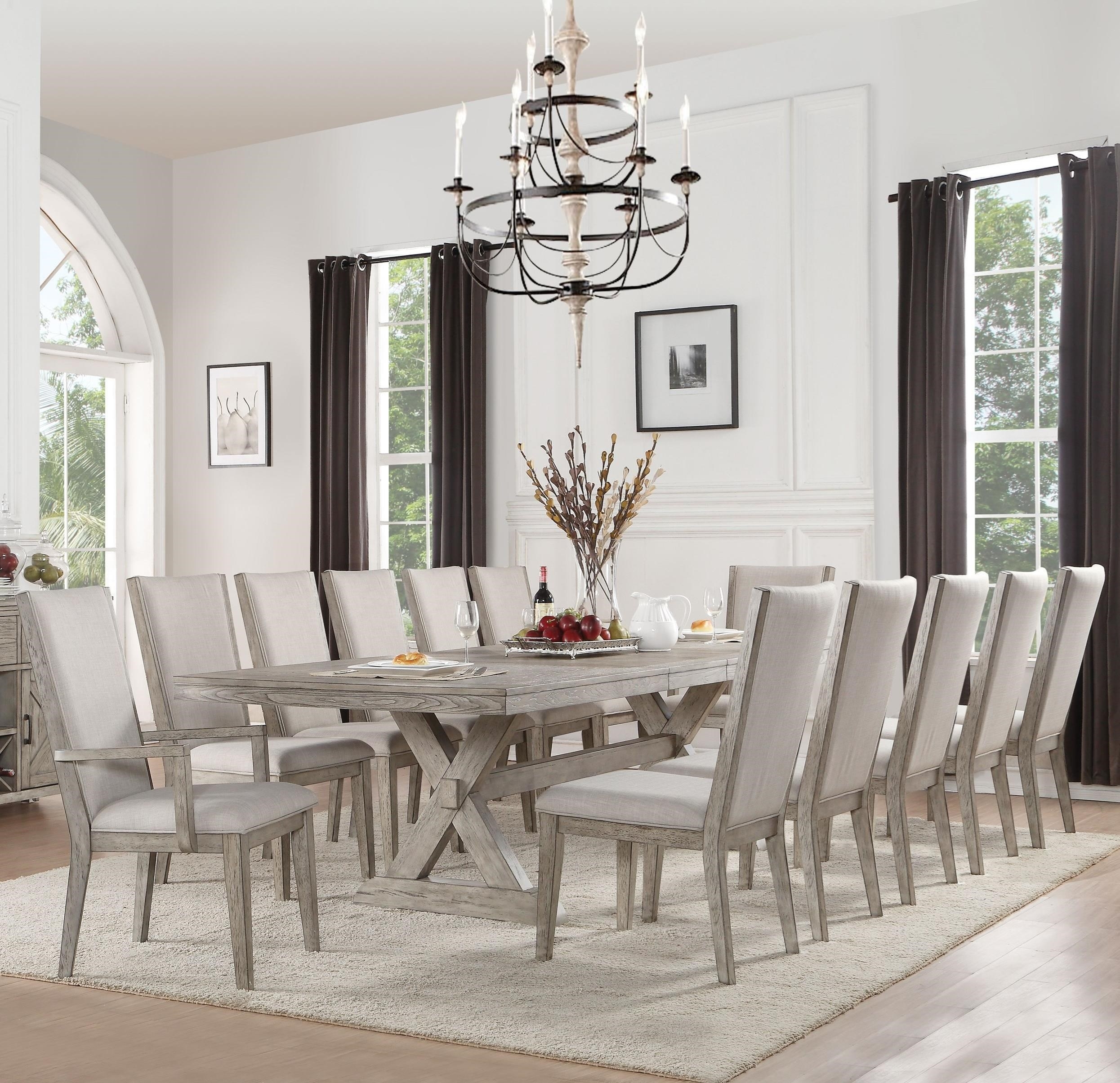 Dining Set with X Base Trestle and Weathered Gray Wood Finish