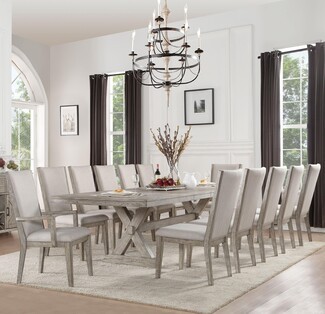 Dining Set with X Base Trestle and Weathered Gray Wood Finish
