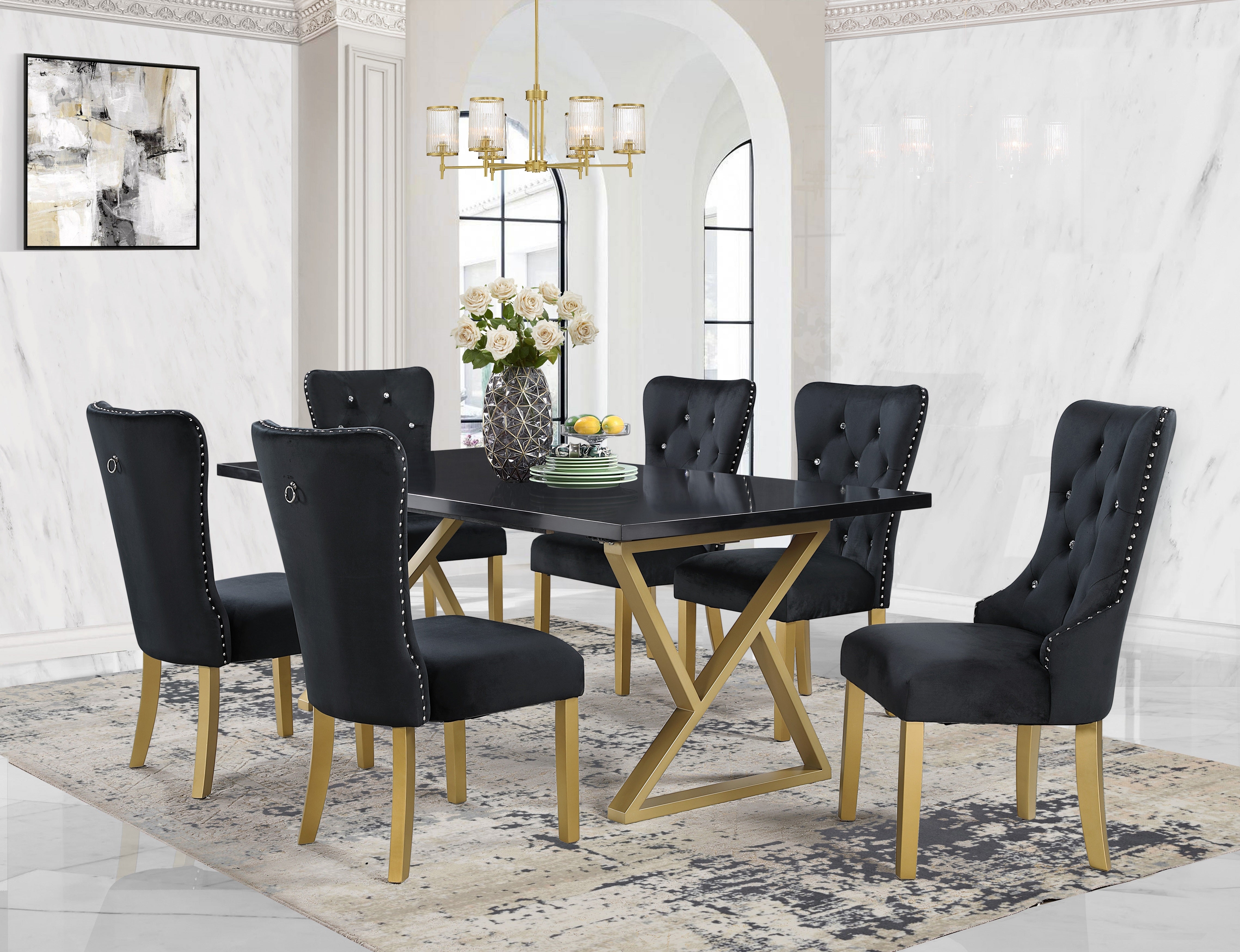 Dining Set with X Frame Base and Tufted Jet Velvet