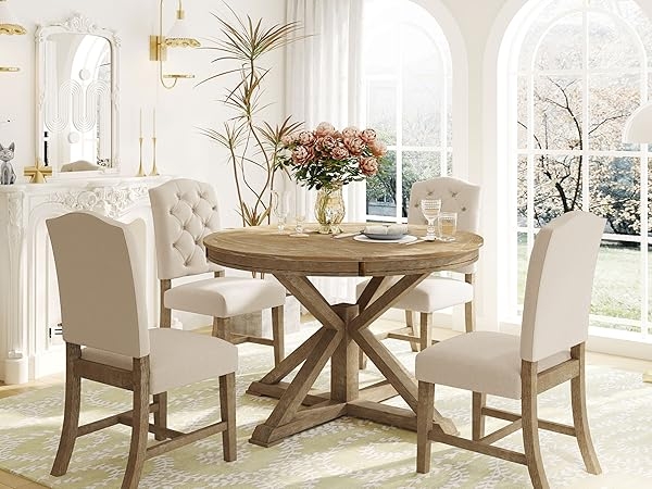 Dining Set: X base pedestal and button tufted back chairs