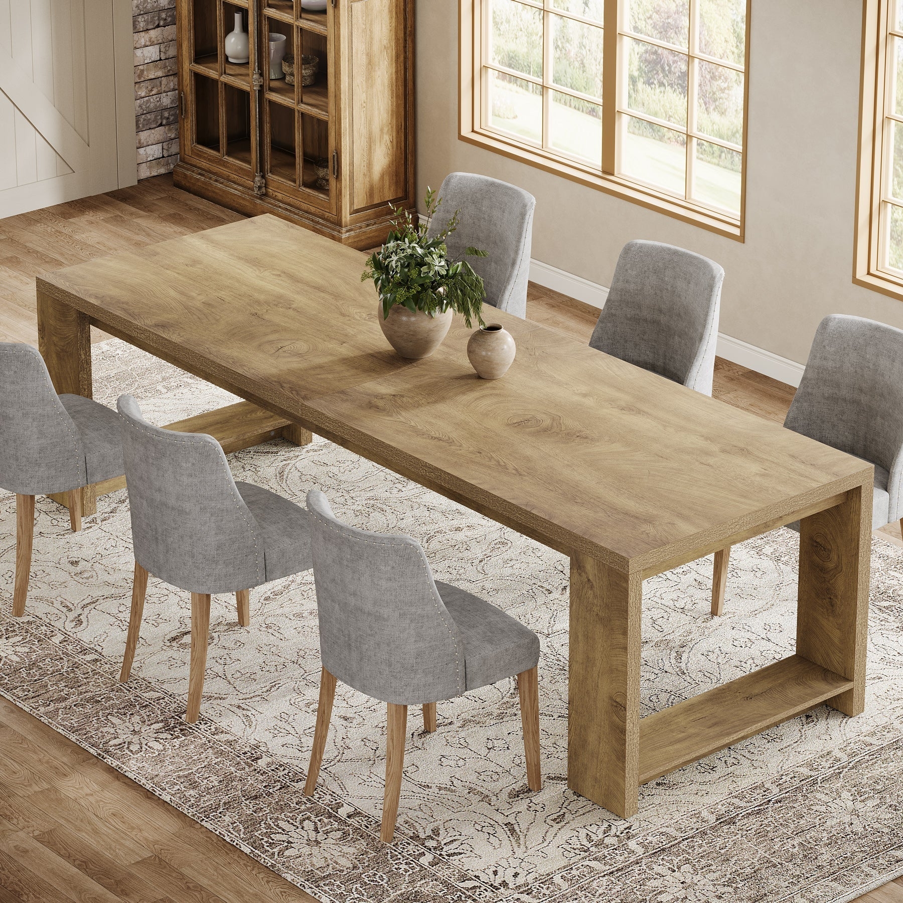 Dining Table 86 Inch Oak Floor Base Brace Modern
