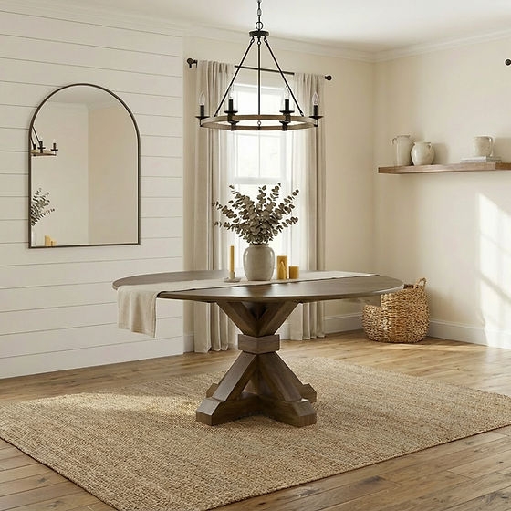 Dining Table: Arched mirror decor and x base pedestal