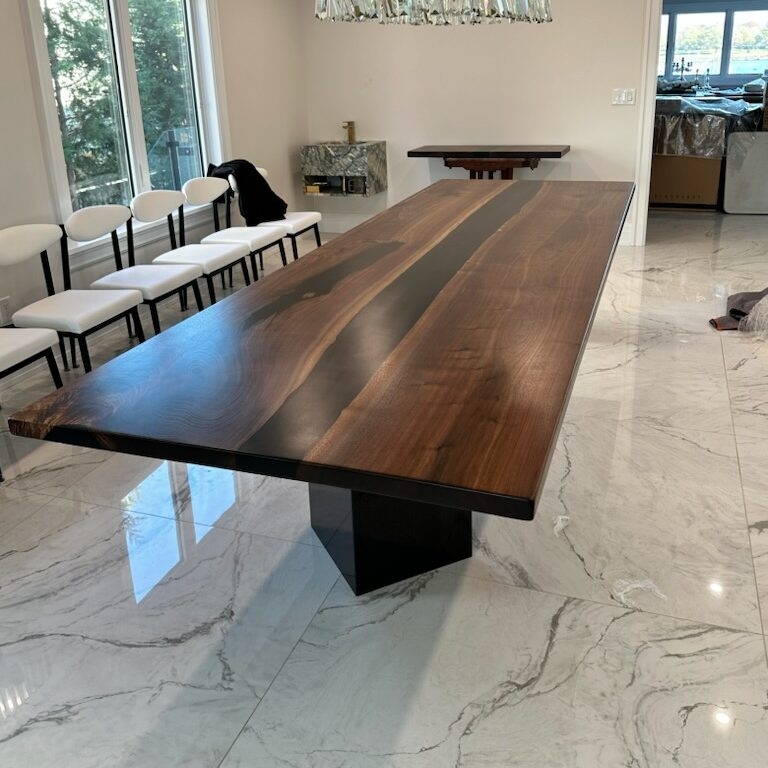 Dining Table Black Epoxy River Live Edge Pedestal Base