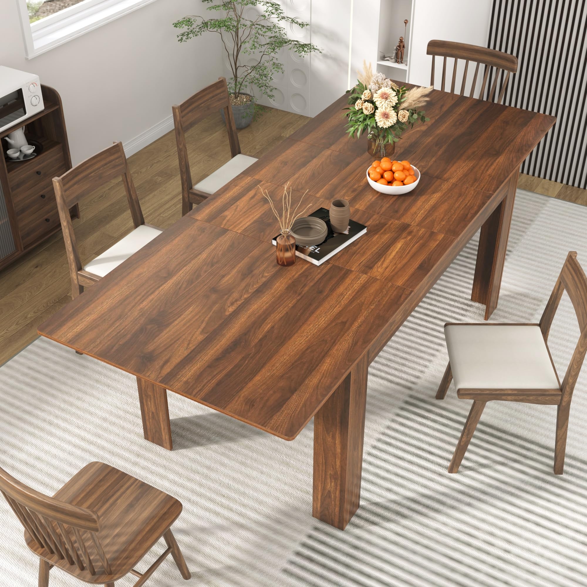 Dining Table Extendable Center Leaf Walnut Grain Top