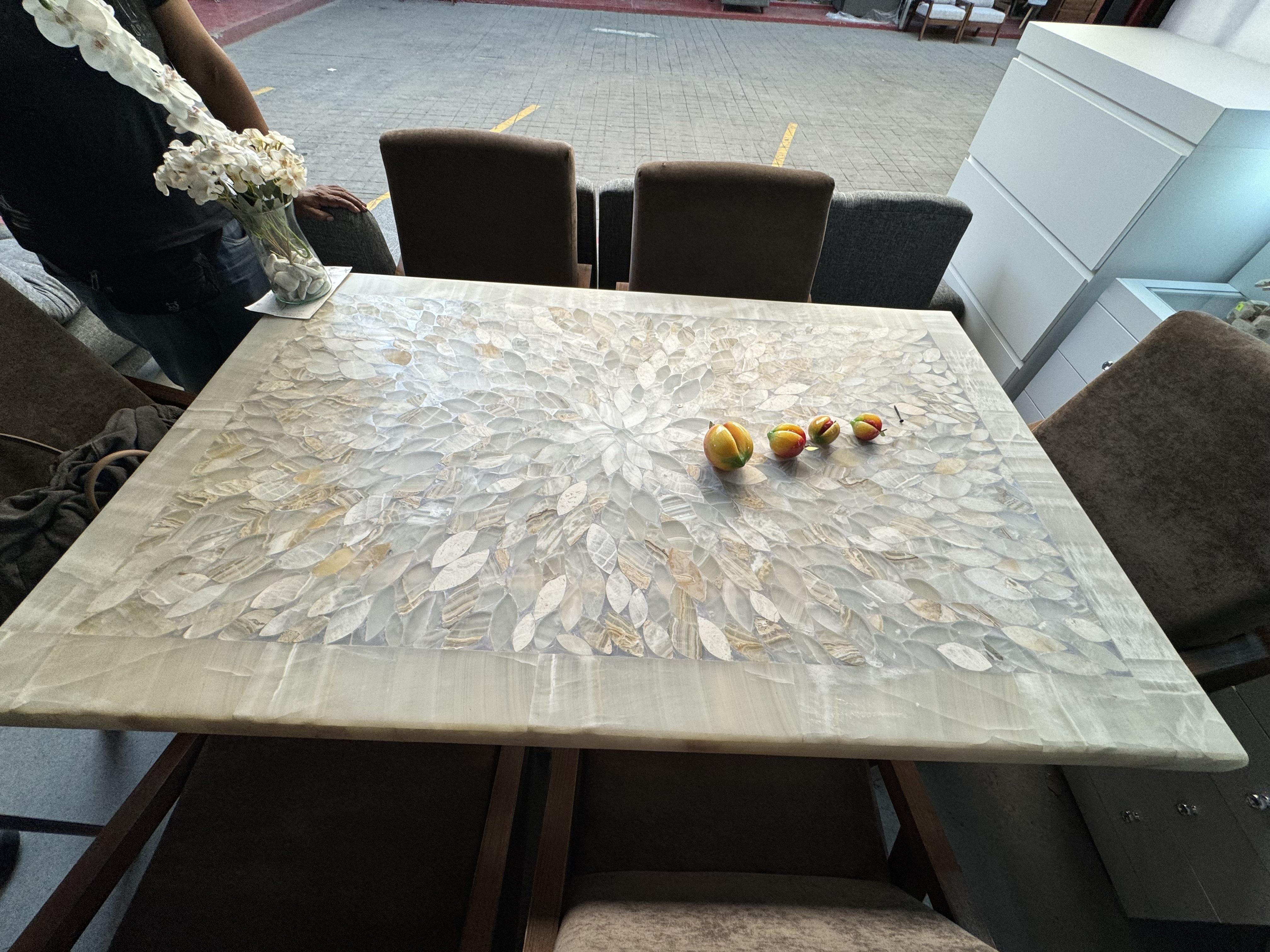 Dining Table featuring Leaf Mosaic Top and Stone Inlay