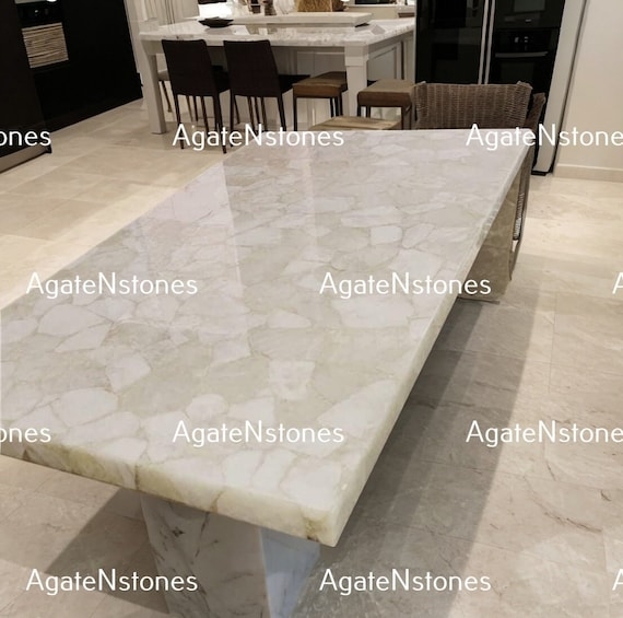 Dining Table featuring White Agate Mosaic and Block Base