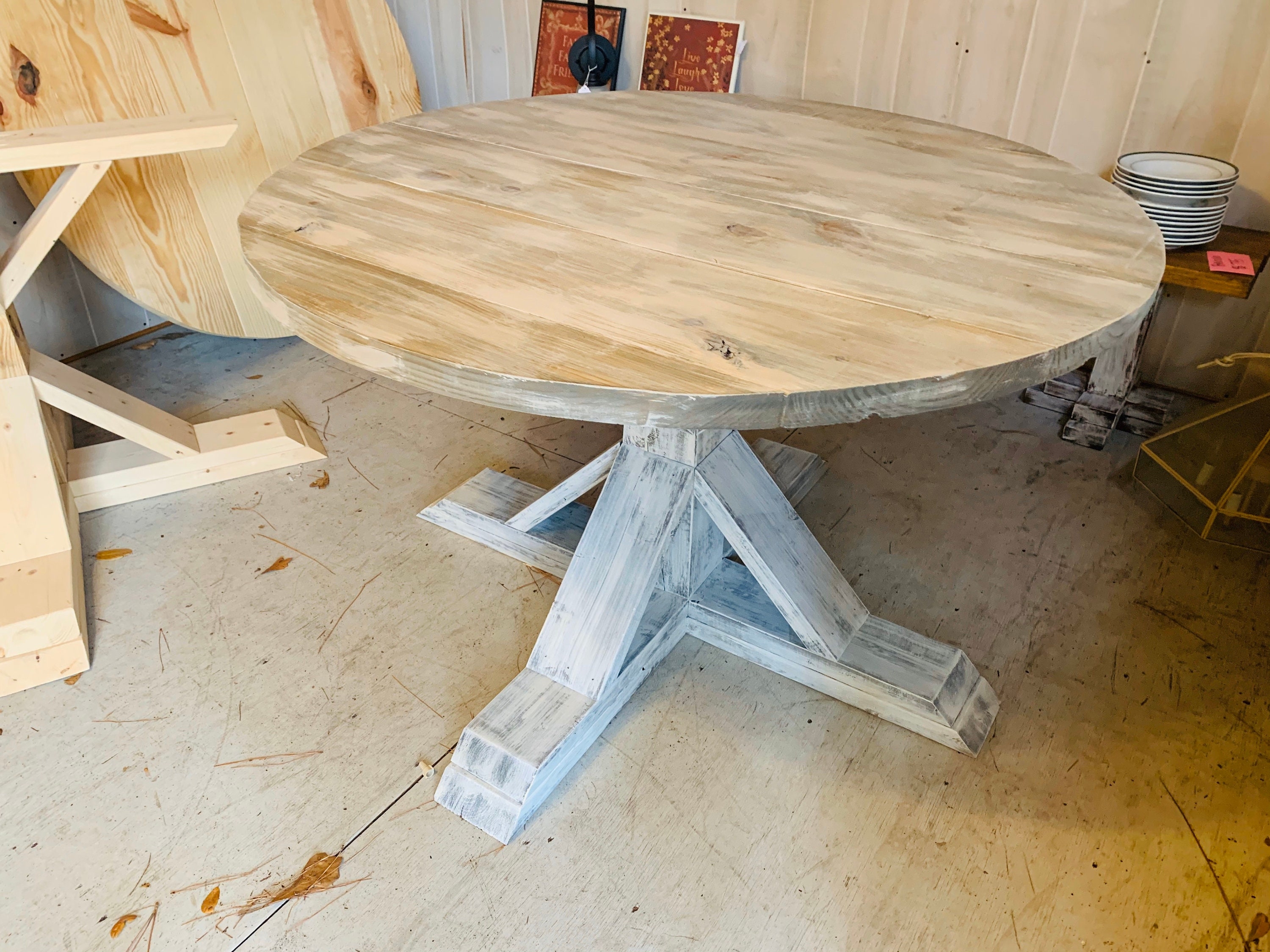 Dining Table featuring Whitewashed Plank Top and X-Base