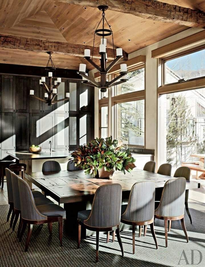 Dining Table for 12 with Striped Upholstered Chairs and Studs