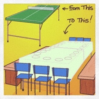 Dining Table from Repurposed Ping Pong Base for Large Groups