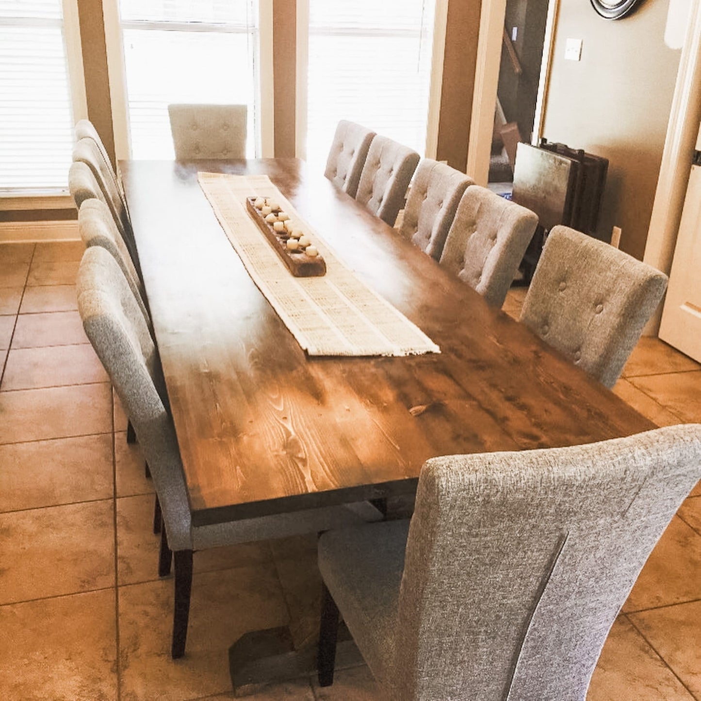 Dining Table in Extra Long Style with Walnut Brown Tufted Chairs