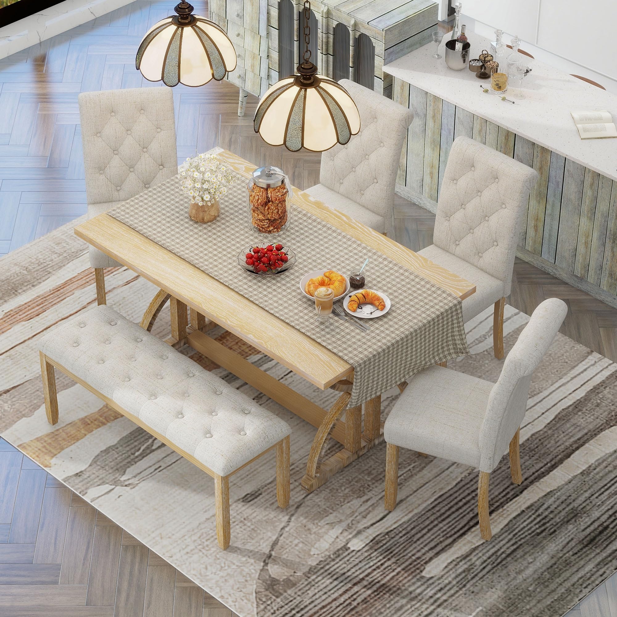 Dining Table Set Curved Trestle Diamond Tufted Bench