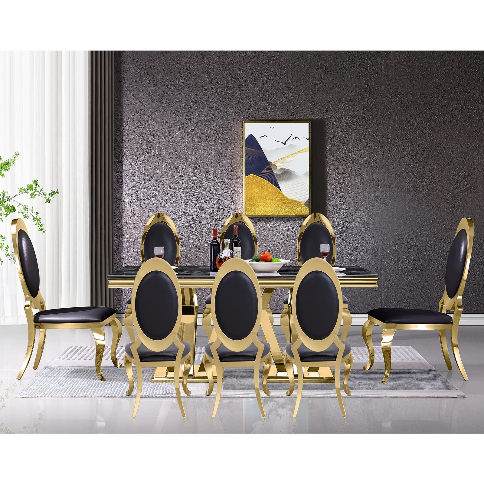Dining Table Set Featuring Oval Back Chairs and Dark Top
