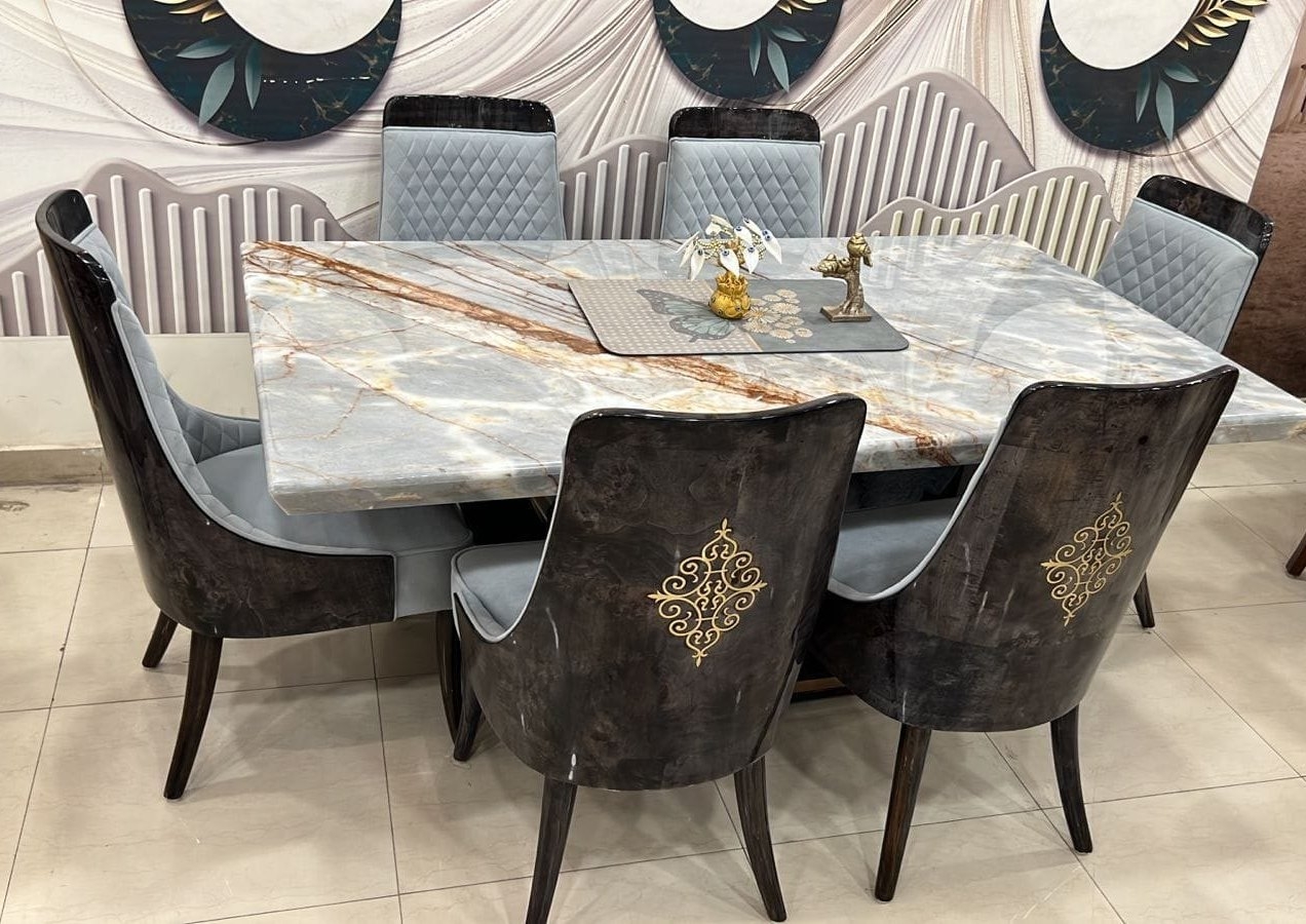 Dining Table Set Gold Filigree Marble Top Dining Set