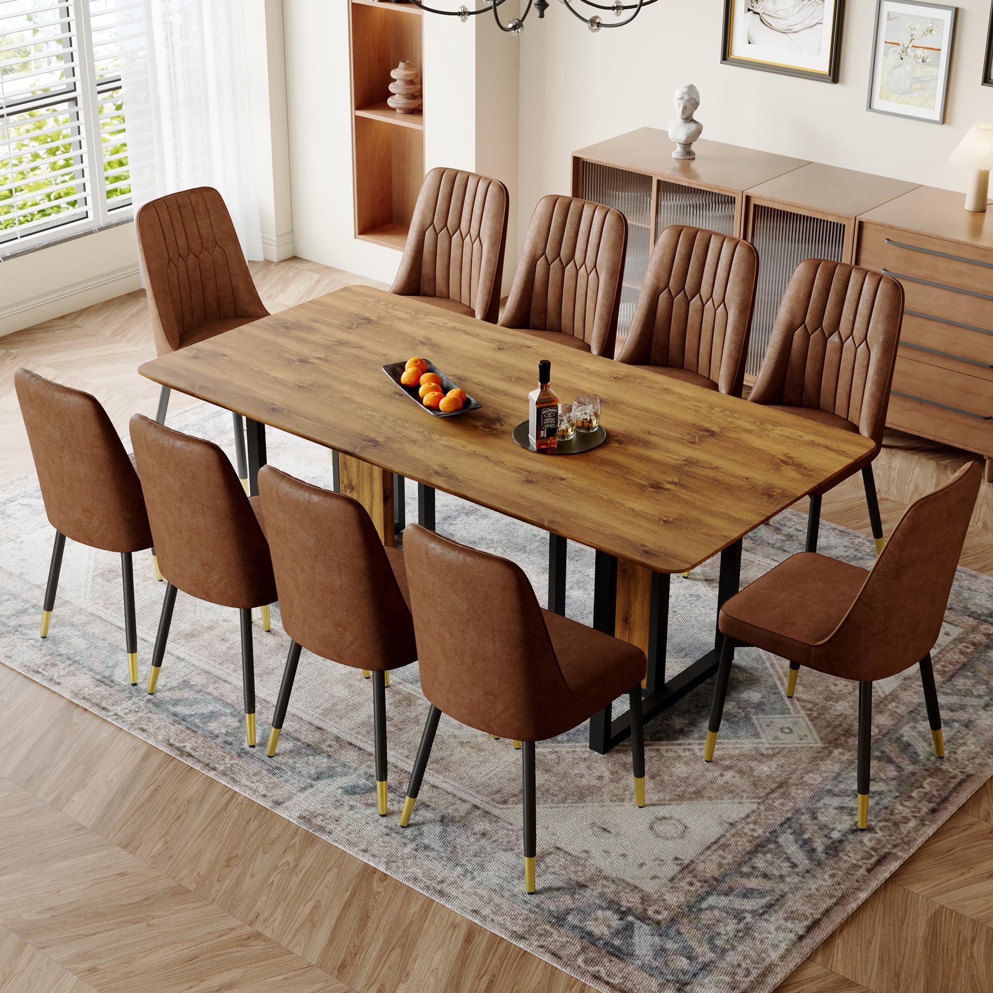 Dining Table Set Gold Leg Tips Cognac Upholstery Set