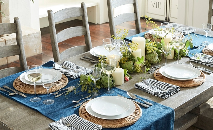 Dining Table Set: Indigo Table Runner Decor with Artichokes