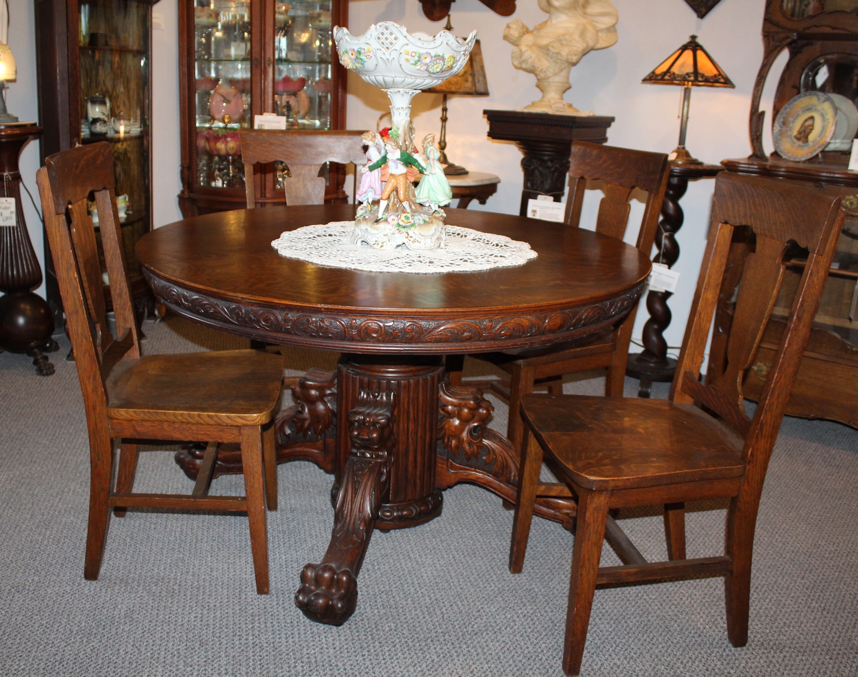 Dining Table Set: Lion head carvings and claw feet set