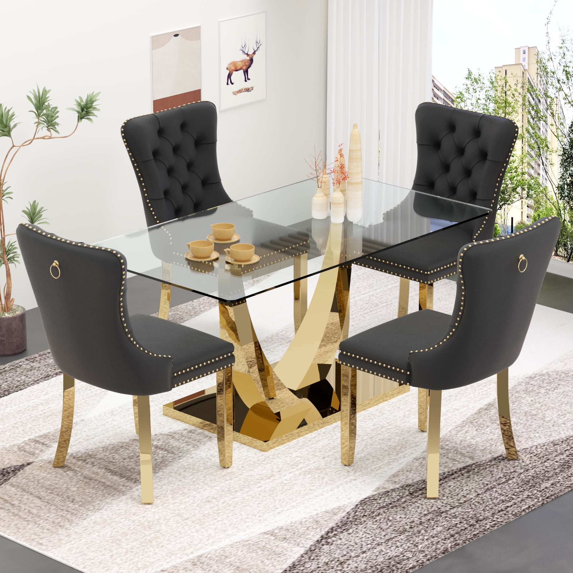 Dining Table Set of Tufted Velvet and Metal Hardware