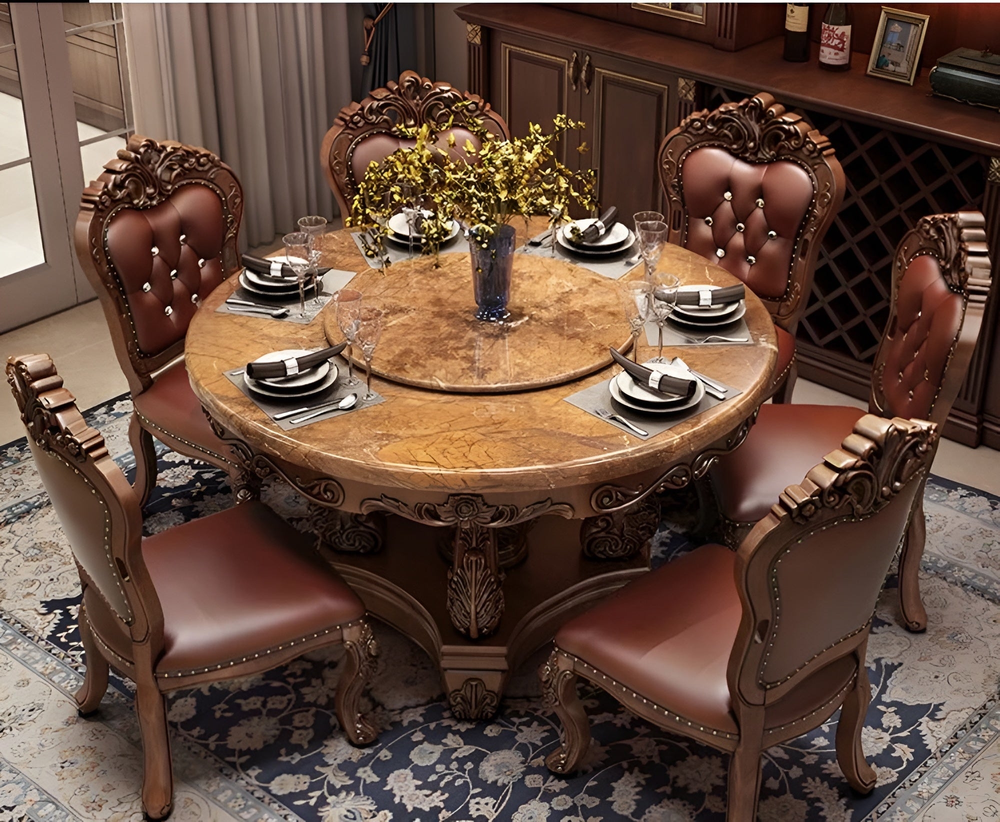 Dining Table Set: Ornate Carvings and Tufted Seats