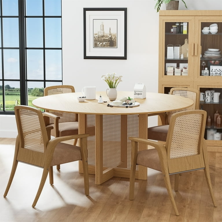Dining Table Set: Rattan pedestal base and woven accents