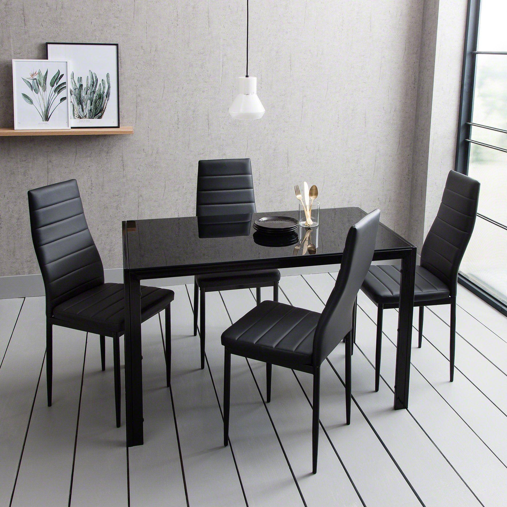 Dining Table Set Ribbed Upholstery Contemporary Black Kitchen Set