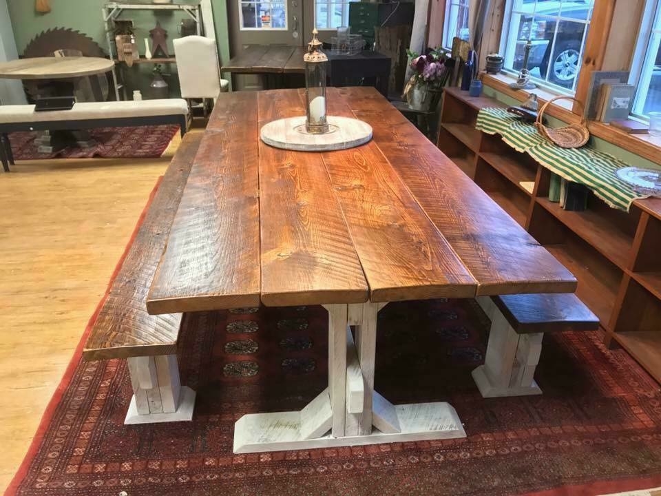 Dining Table Set Trestle Base Rough Sawn Wood Bench