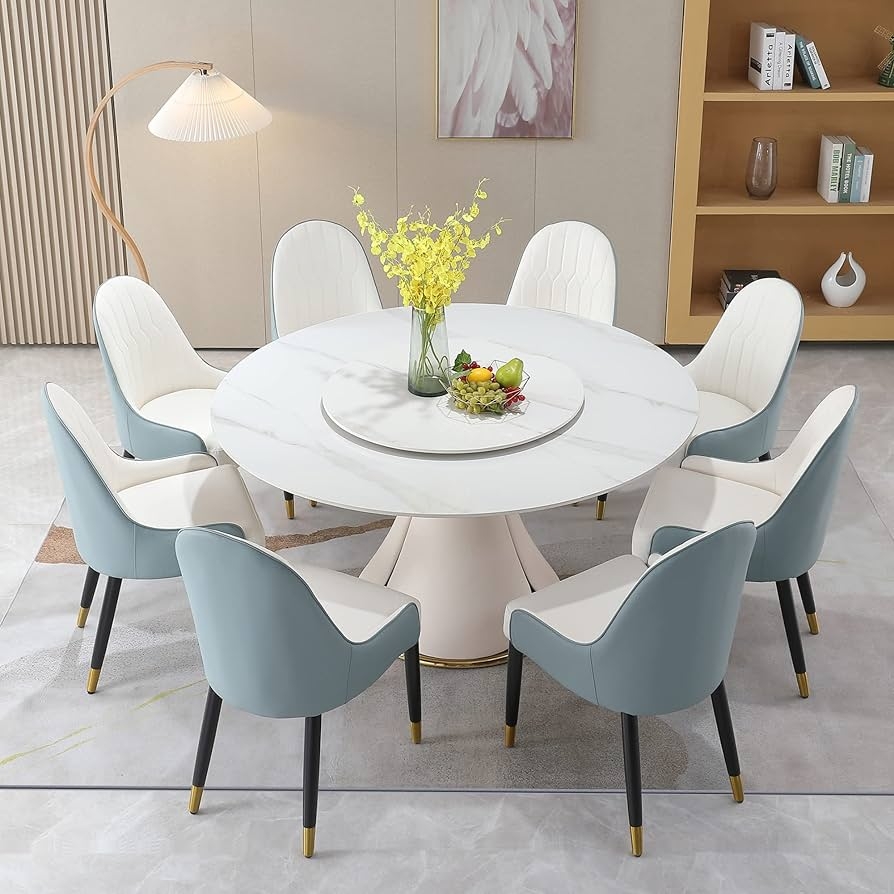 Dining Table Set: Two Tone Chairs and Glam Pedestal Base