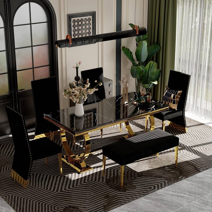 Dining Table Set with Nailhead Trim and Marbled Top