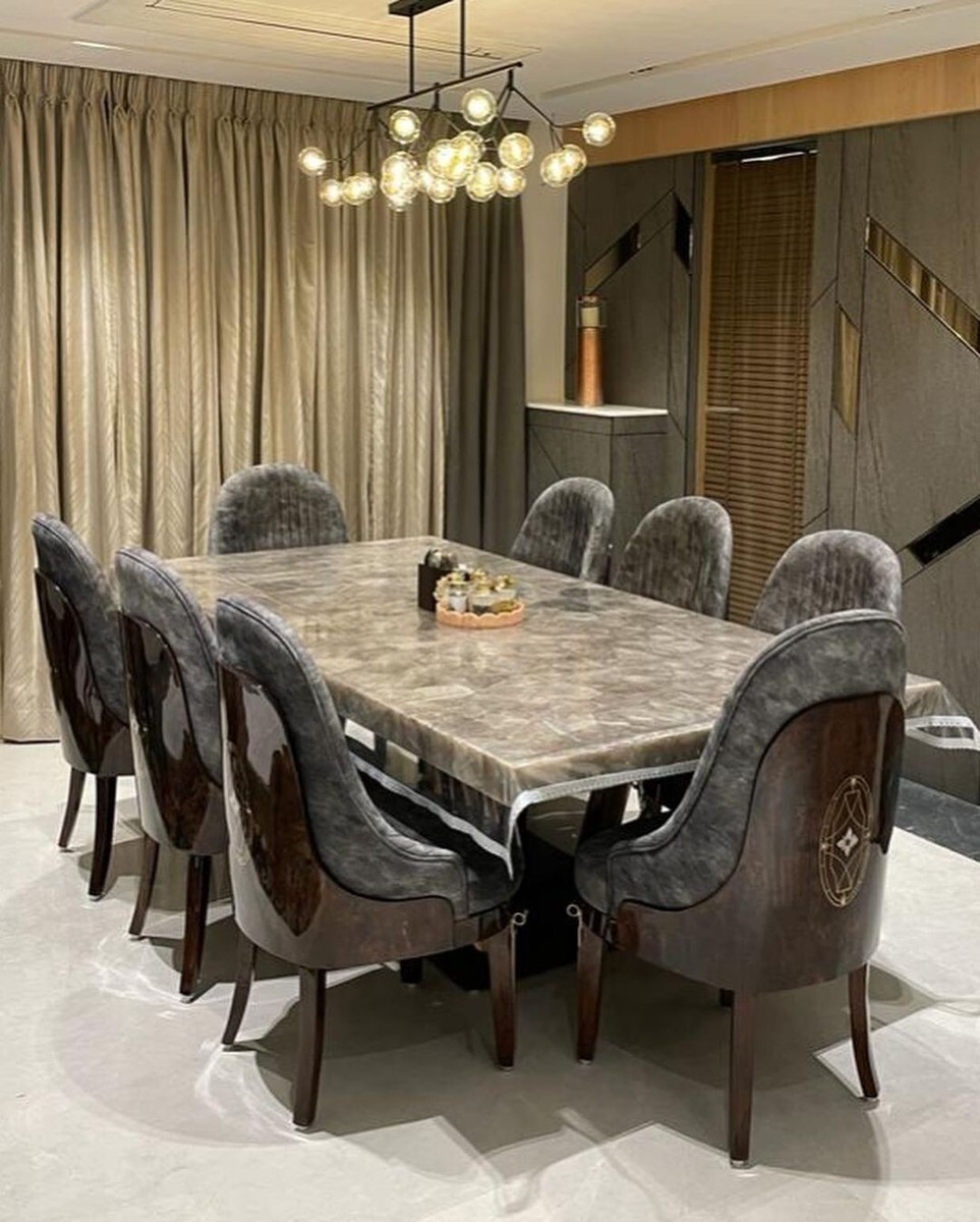 Dining Table Set with Smoky Stone and Glossy Chairs