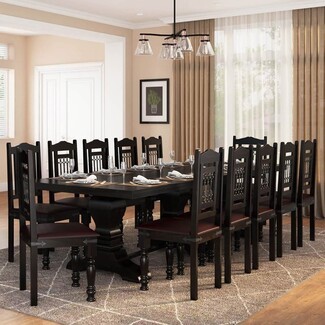Dining Table Set with Triple Pedestal Base and Burgundy Seats