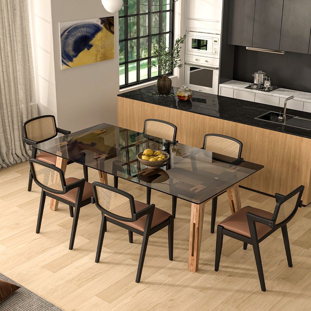 Dining Table Smoked Glass Top Cane Back Dining Chairs