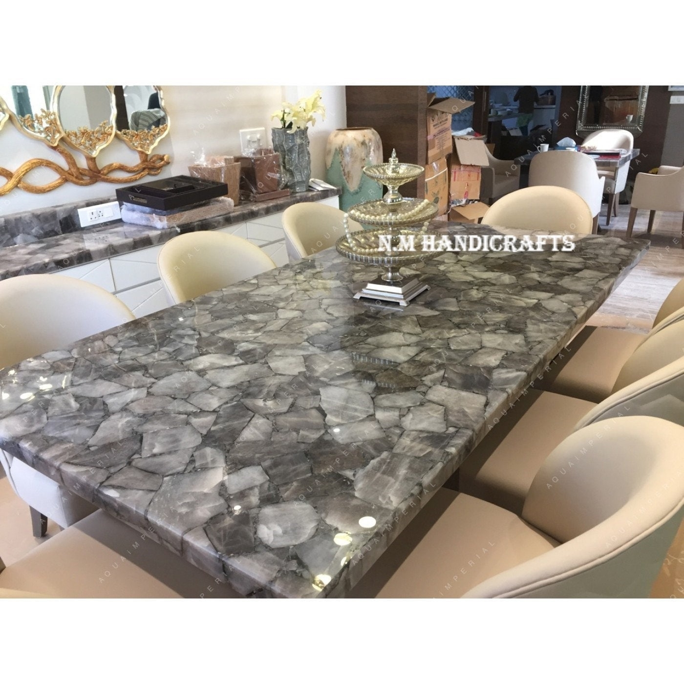Dining Table using Smoky Quartz Mosaic and Polished Stone