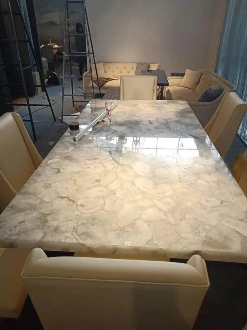 Dining Table using White Quartz and Crystal Mosaic