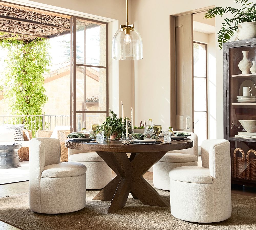 Dining Table with Barrel Back Chairs and X-Base Pedestal
