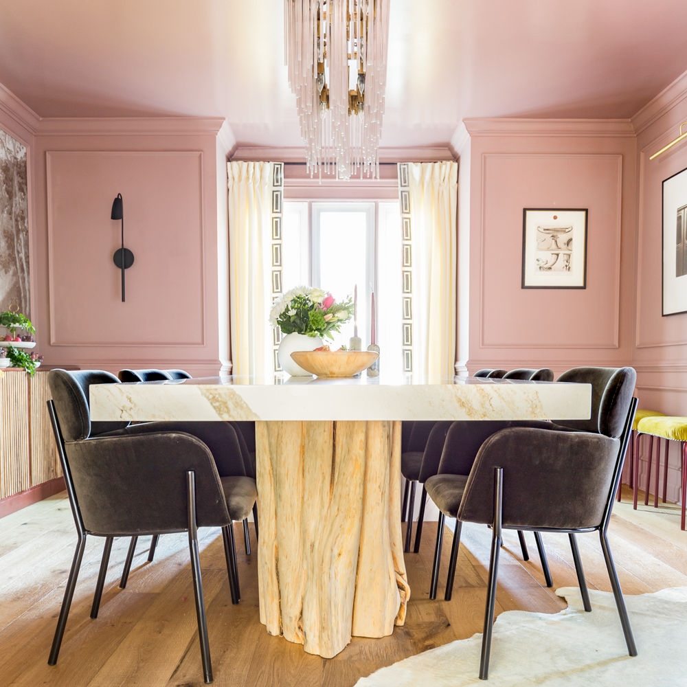 Dining Table with Gold Veined Quartz and Trunk Base