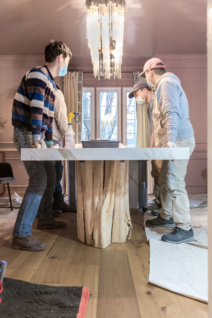 Dining Table with Log Base and Custom Quartz Slab