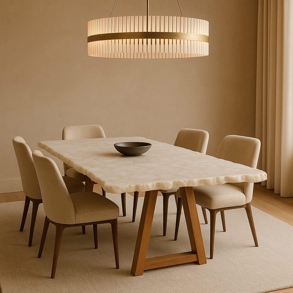 Dining Table with Organic Edge Quartz and A-Frame Trestle