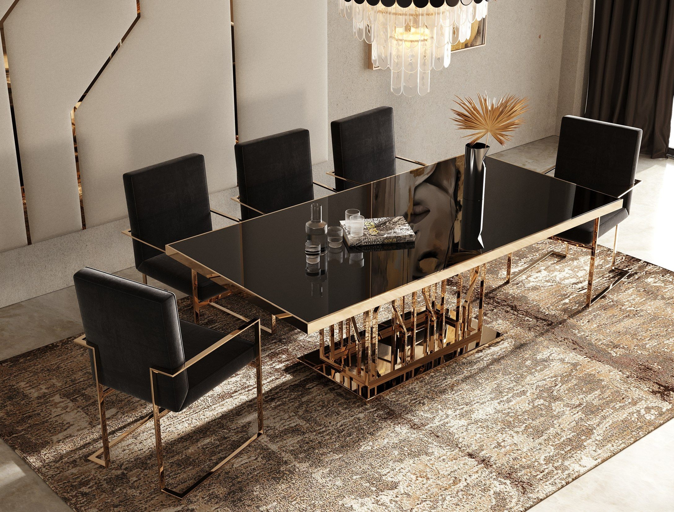Dining Table with Rose Gold Base and Slat Pedestal Design