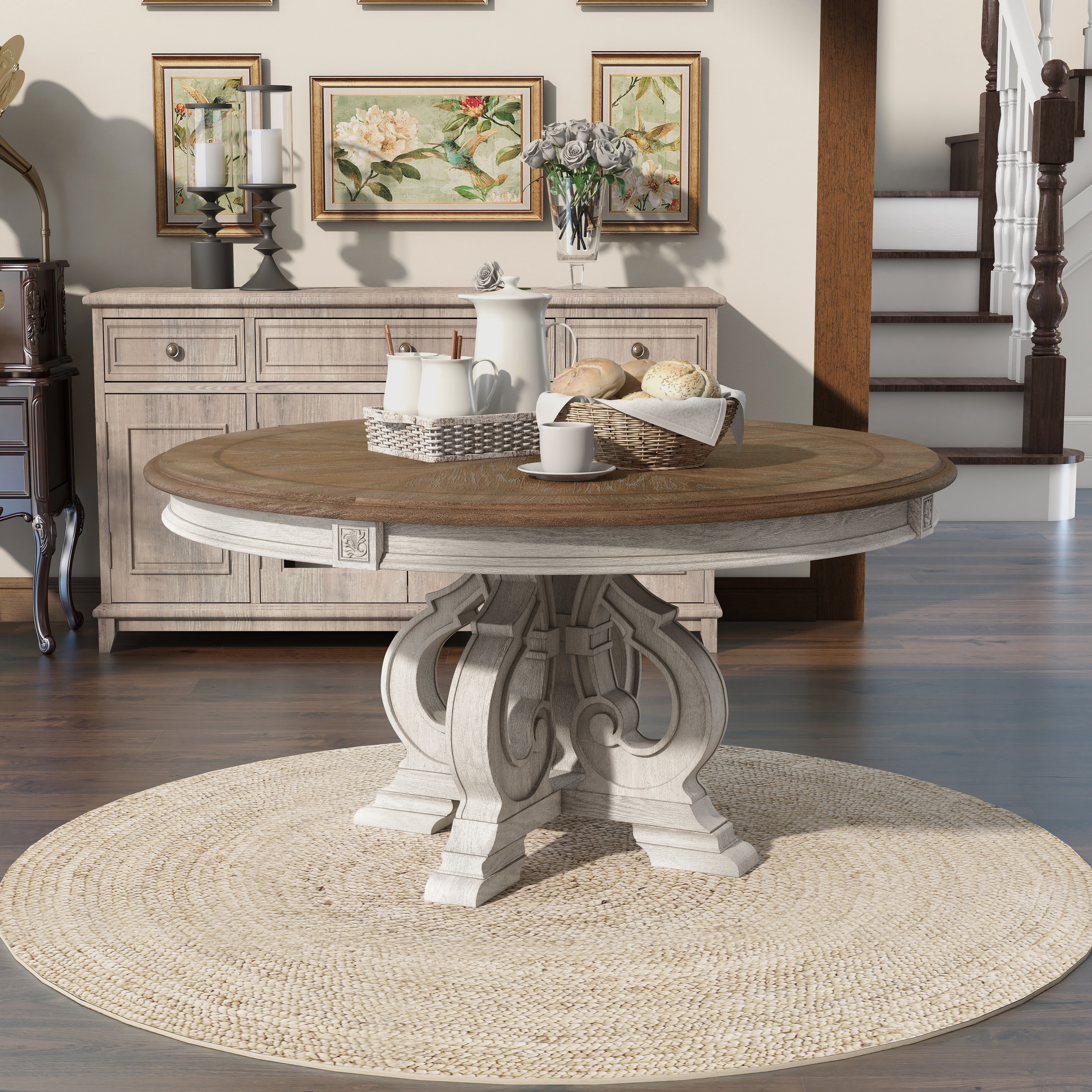 Dining Table with Scrollwork Pedestal and Carved Detailing