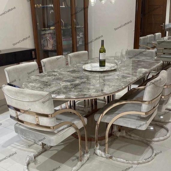 Dining Table with Smoky Quartz Pattern and Metal Base
