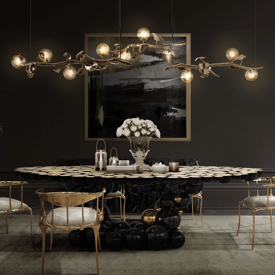 Dining Table with Sphere Cluster Base and Brass Lighting