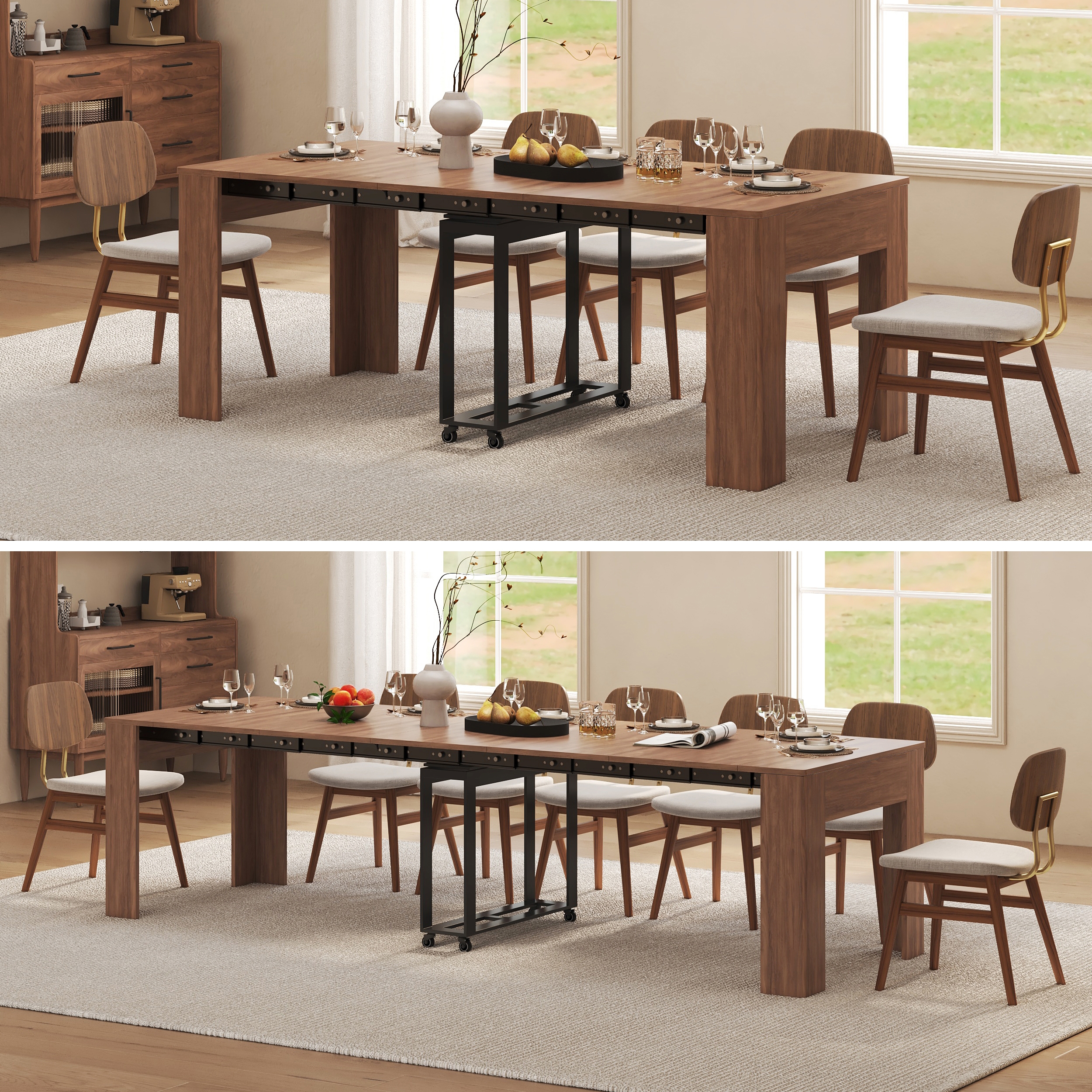 Dining Table with Telescoping Extension and Rolling Center Leg