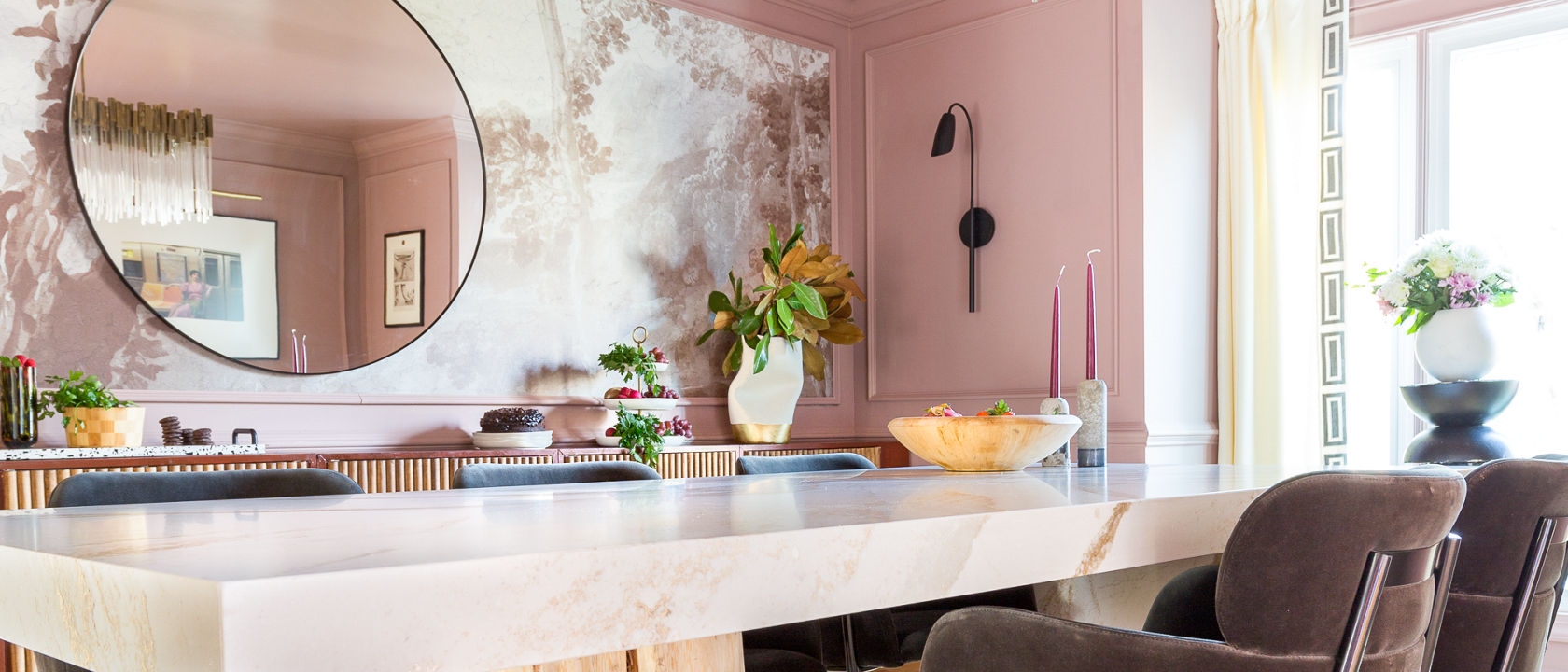 Dining Table with Thick Veined Stone and Fluted Wood