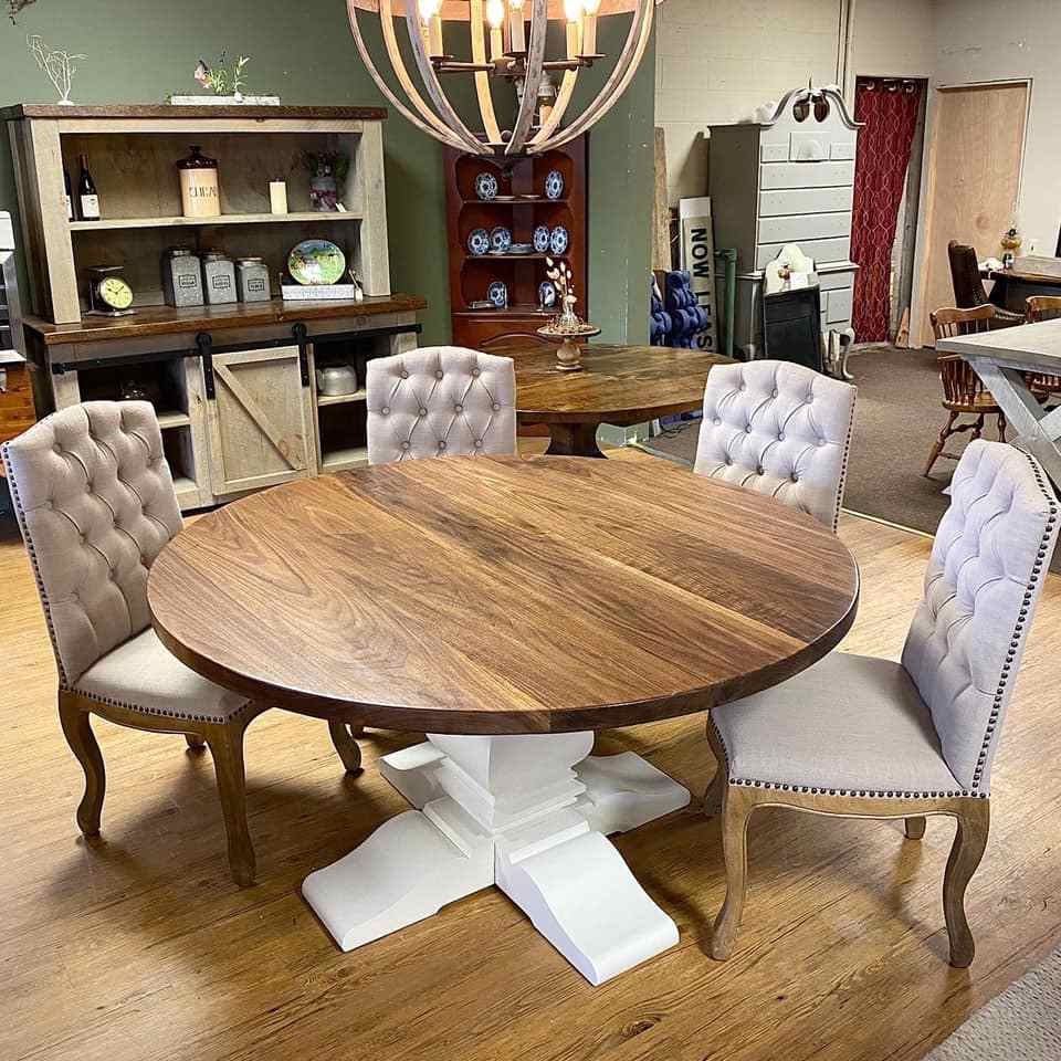Dining Table with Walnut Finish and Chunky Pedestal Base