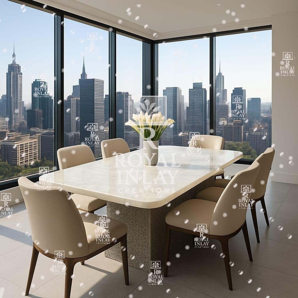 Dining Table with White Quartz and Skyline View