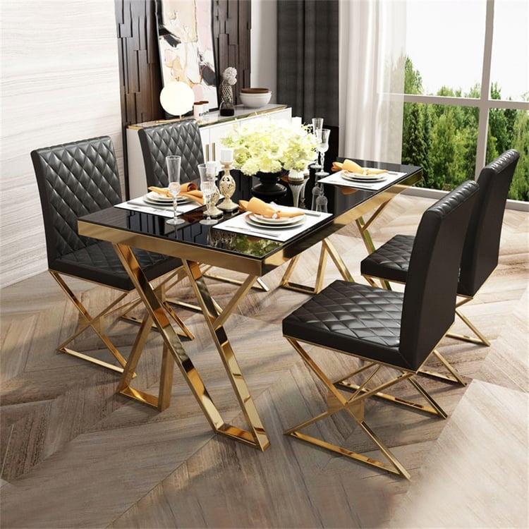 Dining Table X-Frame Base Diamond Tufted Gold X-Base Furniture