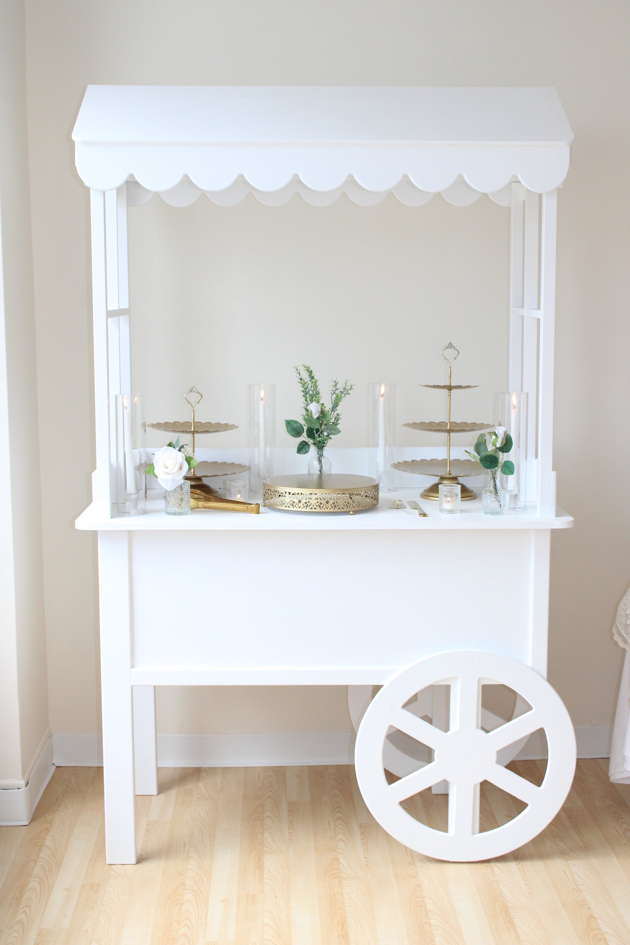 Display Cart with Peaked Roof and Scalloped Edge Decor