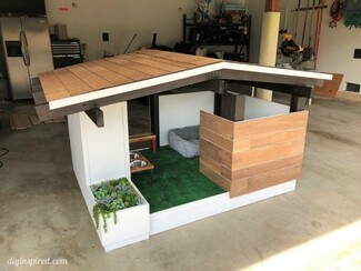 Dog House: Asymmetrical Roof and Built-In Planter Custom Kennel Design