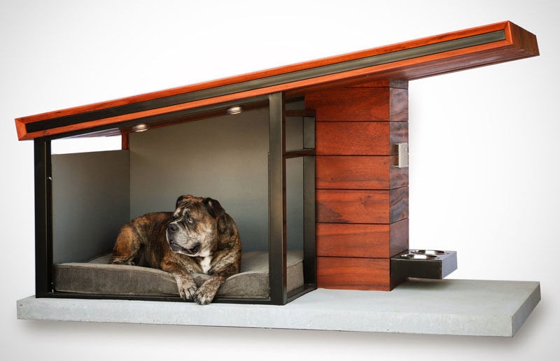 Dog House: Cantilevered Eave with Integrated Feeding Station Pet Furniture