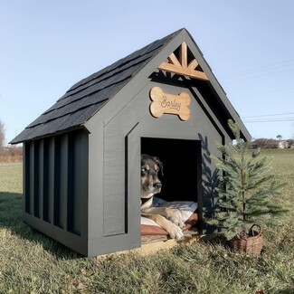 Dog House: Charcoal Finish and Bone Shaped Sign Modern Farmhouse Kennel